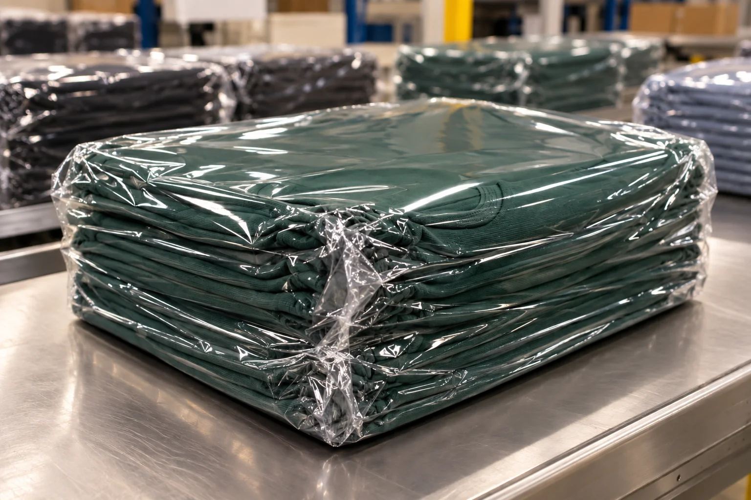 Folded clothing bundled in clear polyethylene shrink film
